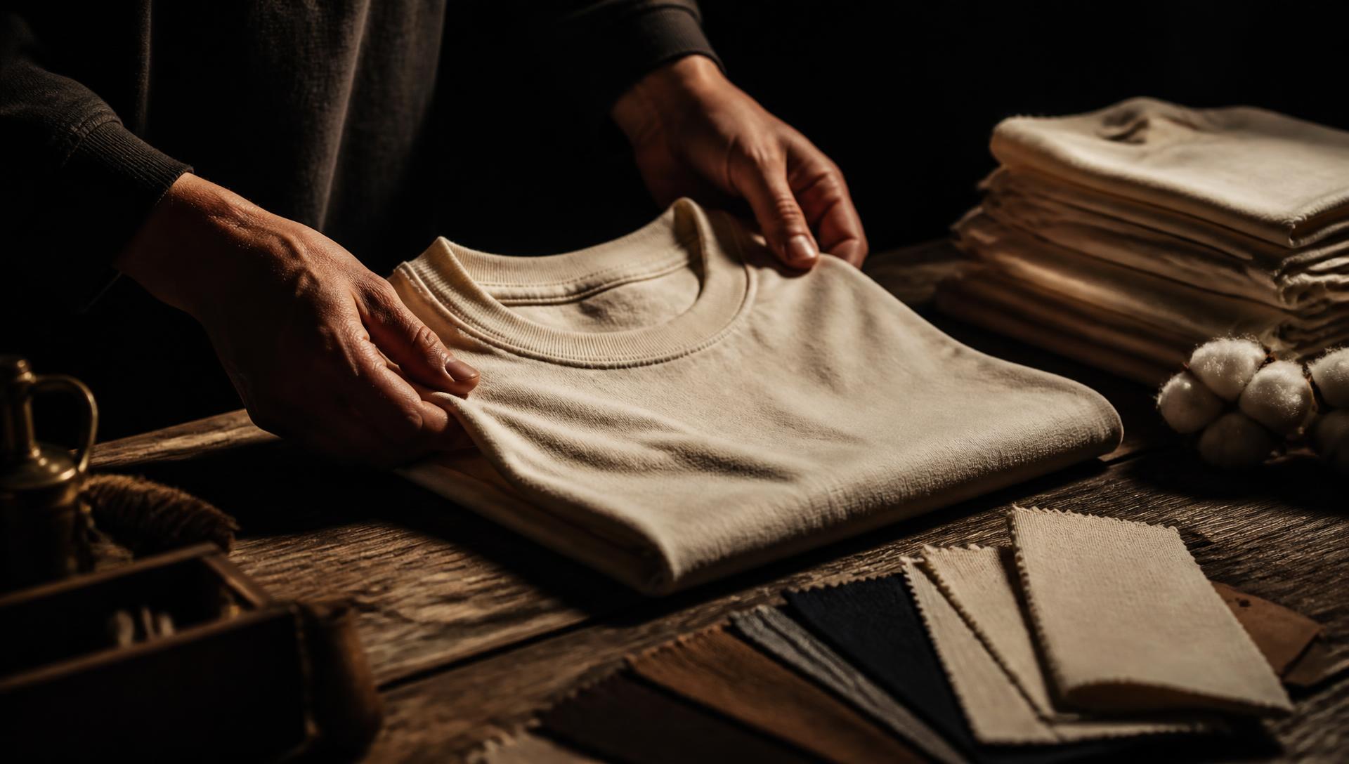 Hands inspecting a folded blank premium tee on a workshop table